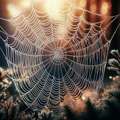 Dew-Kissed Spider Web Glistening at Sunrise

