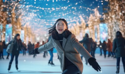 Asian people are enjoying skating on the amazing public ice ring