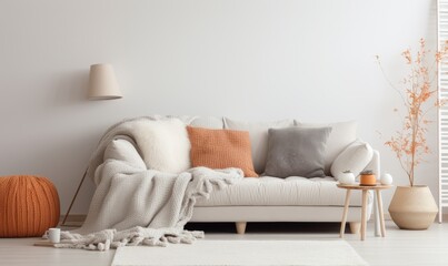 Interior design, detail of bright sofa with pillows and a warm blanket - obrazy, fototapety, plakaty