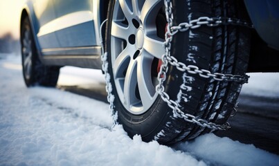Snow Chains on a car wheel in winter on snowy road. Close up photo of winter tire with snow  chains. - obrazy, fototapety, plakaty