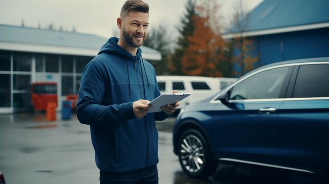 Driving instructor standing near car outdoors