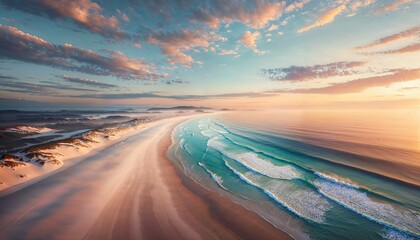 Sunrise Serenity: Aerial View of Tranquil Beach and Gentle Waves Illustration

