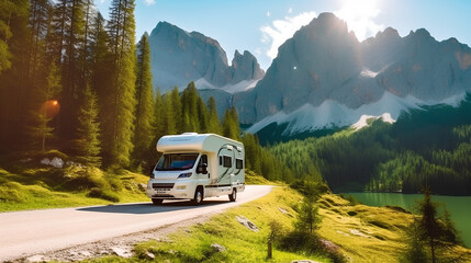A mobile home or trailer in a mountainous area is a beautiful landscape. - obrazy, fototapety, plakaty