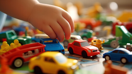 Children's hands are playing with toys, cars on the floor.