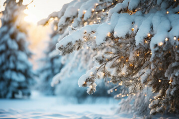 Snow on branches of christmas tree in sunny winter forest