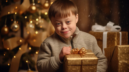 Fototapeta na wymiar smiling little boy with down syndrome among Christmas decorations and gift boxes. disabled child in a sweater
