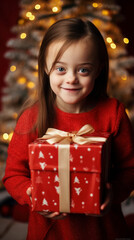 Fototapeta na wymiar smiling little girl with down syndrome among Christmas decorations and gift boxes. disabled child in a red sweater