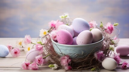 Easter holiday. many colorful eggs. different colors and patterns. pastel colors, natural dye