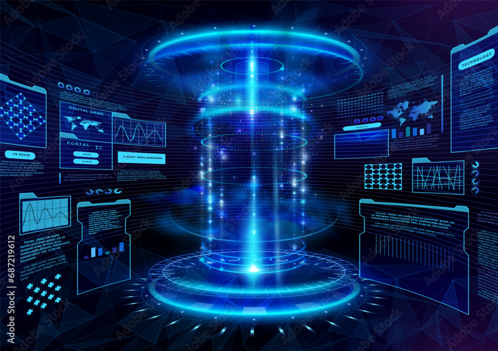 Aufkleber tech background. digital game hud, 3d lab hologram, ai and ui fantasy frame, techno vr cyberspace ro