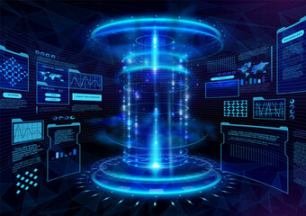 Tech background. Digital game hud, 3d lab hologram, ai and ui fantasy frame, techno vr cyberspace room. Blue glowing surface. Various hologram panels and dashboards. Vector cyber exact platform