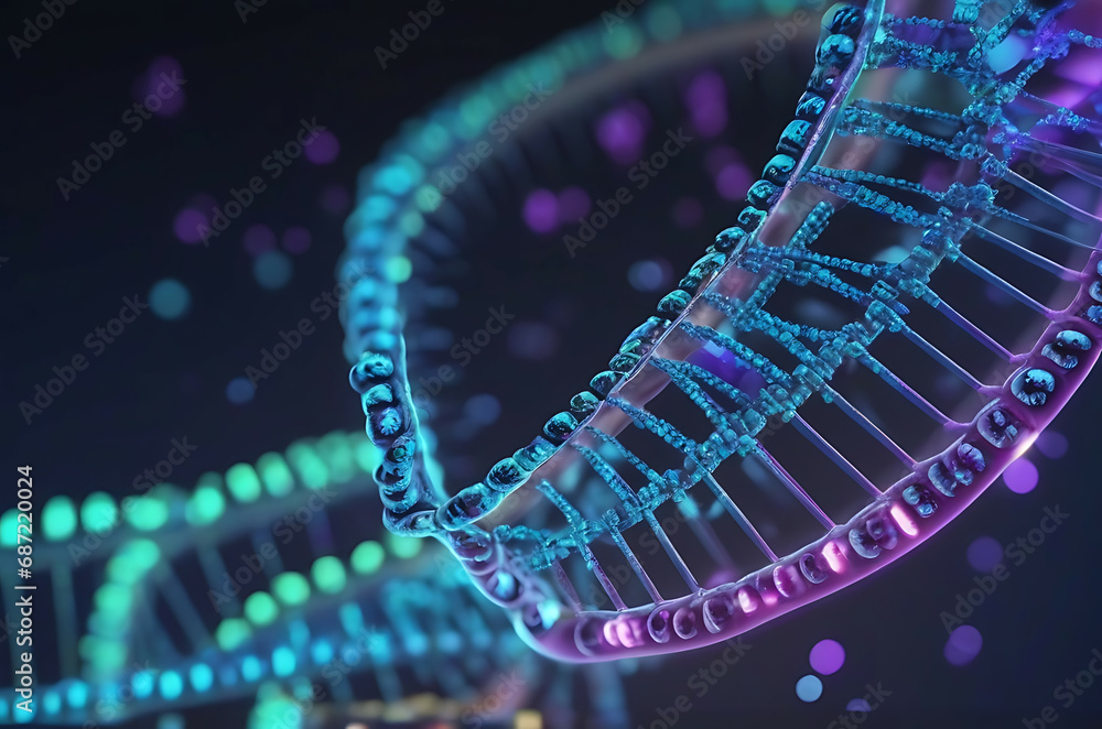 Fototapete A microscope zoomed in on a DNA strand made of binary code