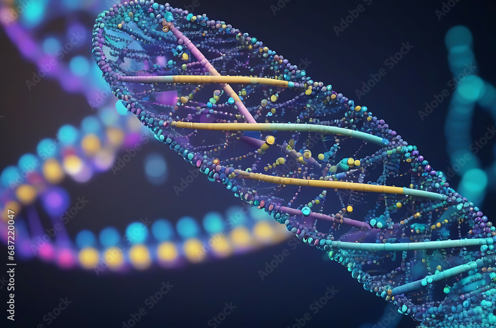Poster a microscope zoomed in on a dna strand made of binary code