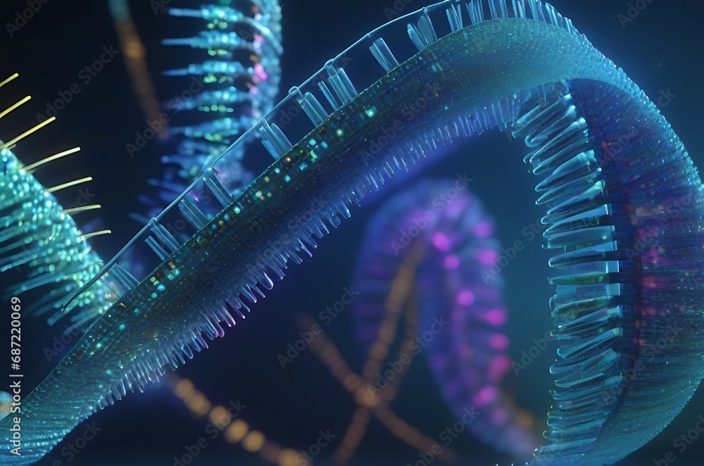 Poster a microscope zoomed in on a dna strand made of binary code