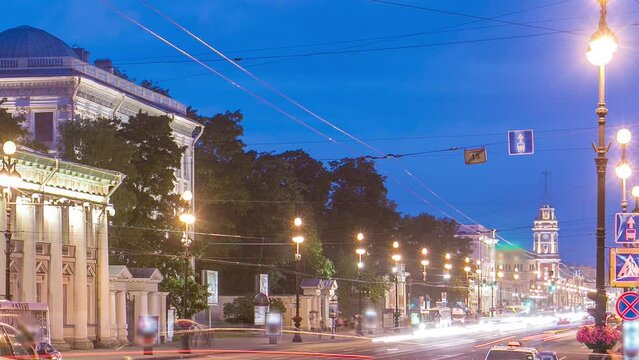 Night Traffic on Nevsky Prospekt avenue in St. Petersburg Timelapse. Dynamic Movement and Busy Road Scene before sunrise