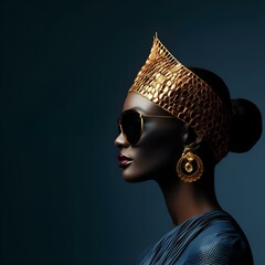 Portrait of an African-American woman in studio style for high-end fashion brands in dark, navy, black and gold colors: Traditional African fashion with a modern twist. Ready-to-wear, haute couture