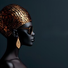 Portrait of an African-American woman in studio style for high-end fashion brands in dark, navy, black and gold colors: Traditional African fashion with a modern twist. Ready-to-wear, haute couture