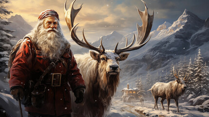 santa claus on his reindeer traveling in the snow, in the style of photo-realistic landscapes, created by ai - obrazy, fototapety, plakaty