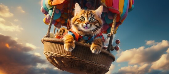 a cat in a basket flies in a hot air balloon - obrazy, fototapety, plakaty