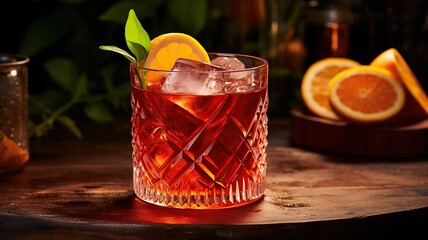 close up horizontal view of a negroni cocktail AI generated