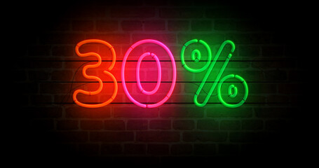 30% percent off neon light 3d illustration