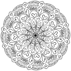 Hand drawn mandala with flower and hearts, creative coloring page for design or activity