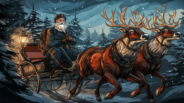 santa claus on his reindeer traveling in the snow, in the style of photo-realistic landscapes, created by ai