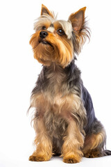 Small dog sitting down with white background and brown and black dog.