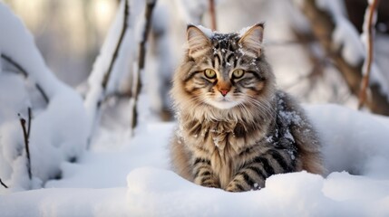 cat walk outside,winter landscape on background
