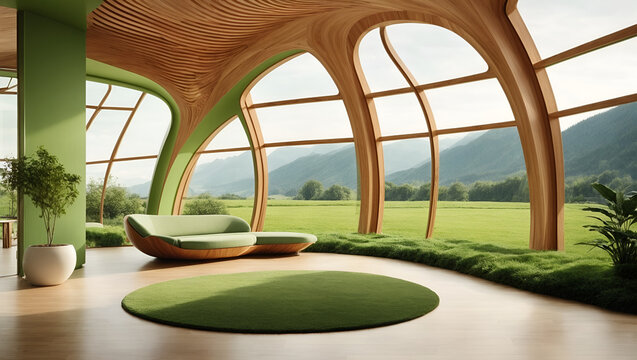 Gran sal&oacute;n futurista con grandes ventanales y vistas al bosque. Luces de ne&oacute;n. Arquitectura moderna.