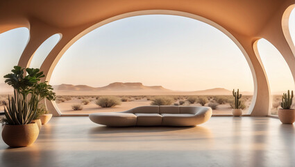 Gran salón de madera con grandes ventanales, con vistas a un gran desierto y las montañas. Arquitectura moderna.