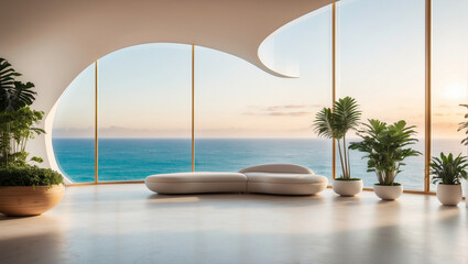 Fototapeta na wymiar Gran salón futurista al atardecer con grandes ventanales y vistas al mar. Arquitectura moderna.