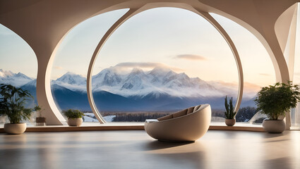 Gran salón futurista con grandes ventanales, con vistas a las montañas nevadas. Arquitectura...