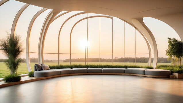 Gran sal&oacute;n blanco con grandes ventanales con vistas a un gran prado y la monta&ntilde;as. Arquitectura moderna.