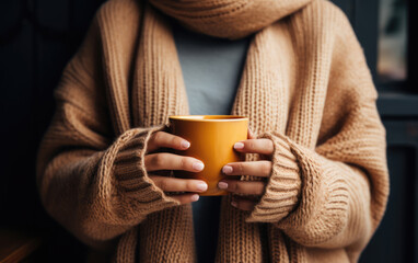 young woman in a knitted sweater holding a cup of hot tea or coffee