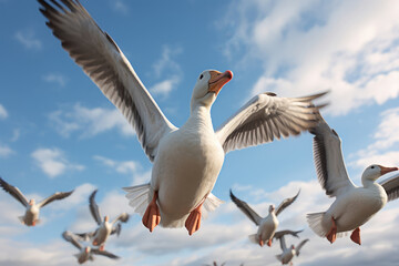 Flying white geese against the background of a blue sky