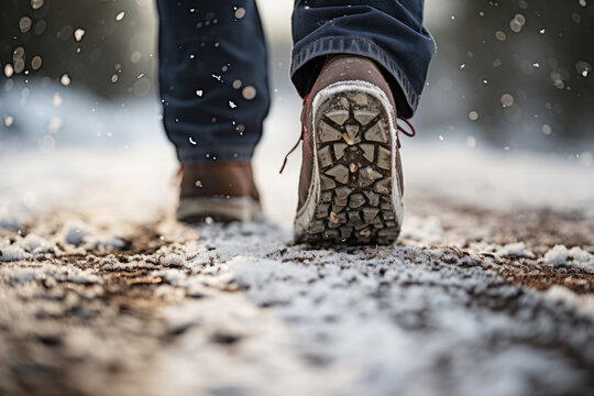 Men's Feet In Boots Walking In Snow In Winter