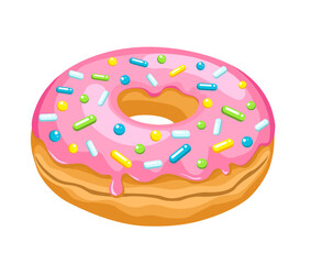 Donut. Cartoon vector handemade illustration. Isolated on a white background. Cute, colorful and glossy donuts with pink glaze and multicolored powder. Simple modern design.