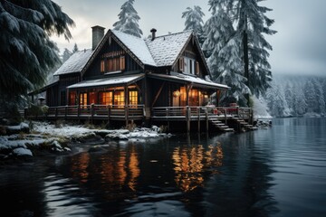 Fototapeta premium Amidst a serene winter wonderland, a charming house nestled among snow-covered trees boasts a deck overlooking a glistening lake, offering a peaceful and picturesque retreat in the midst of nature's 