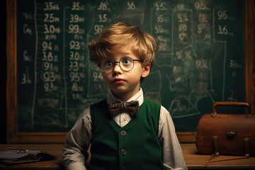 Scared frightened boy schoolboy on the background of school blackboard