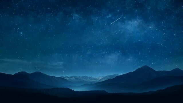 Mountains with Stars moving in the night sky, mountains silhouette and shooting stars animation. seamless looping virtual time lapse video animation background. Generated with AI