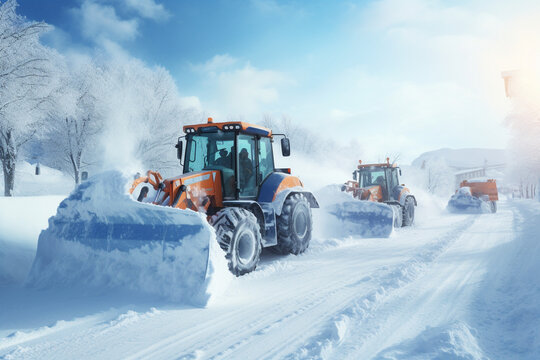 the tractor cleans the snowdrifts. generative ai. heavy snowfall paralyzed the city.	