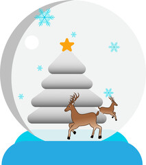 christmas crystal ball, snowy christmas tree and reindeer