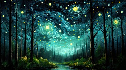 Starry sky with fireflies in style of Van Gogh oil painting - obrazy, fototapety, plakaty