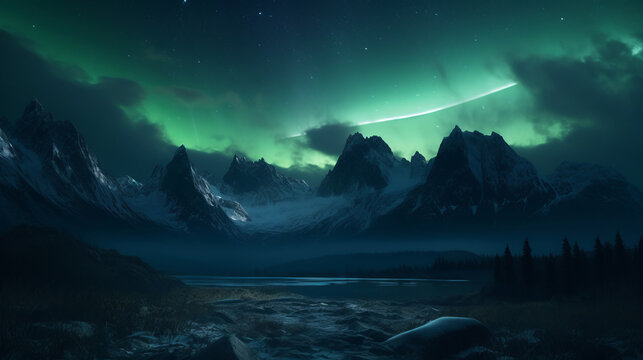 Northern Lights. Ethereal beauty of the Aurora Borealis. Night mountains, fjords and lakes