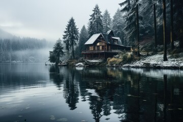 Obraz premium A solitary house stands amidst the serene winter landscape, its reflection shimmering in the fog-covered lake, with snow-dusted trees and majestic mountains as its backdrop