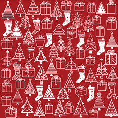 Christmas seamless pattern with snowflakes, tree, stocking, 
