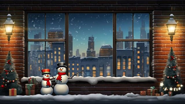 Christmas decoration with snowman and Christmas tree as snow falls on brick wall in the window. cartoon style. seamless looping time-lapse virtual 4k video animation background.