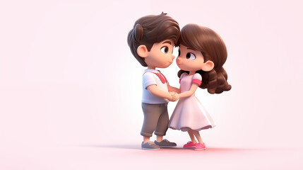 3D Cartoon cute romantic lover couple boy and girl hand holding together with pink background 