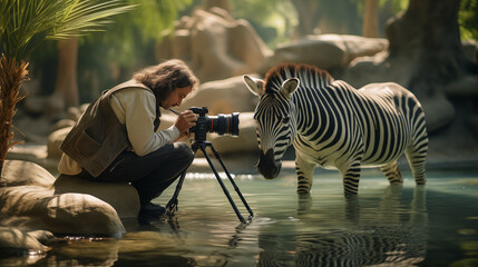 Photographer shooting zebra in river wild