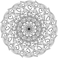 Abstract mandala with hearts and striped petals, anti-stress coloring page for Valentine's Day